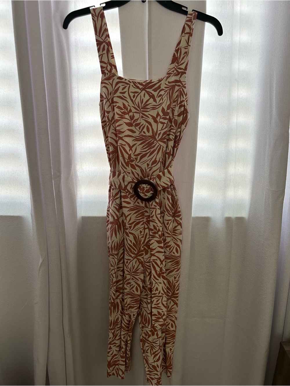 Monteau Cream and Rust Leaf-Print Sleeveless Jumpsuit with Belt